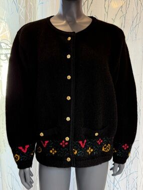 Vintage Blarney Woollen Mills Black Knit Cardigan Sweater Gold Buttons Size L